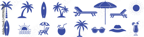 Summer Vacation Silhouette Icon Set with Beach Elements