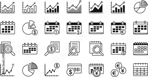 Financial analysis icons including charts, graphs, and calendars
