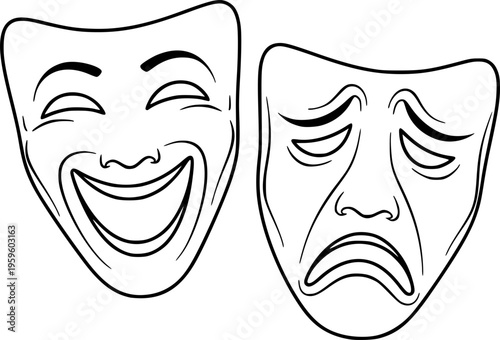 Minimalist line art of comedy and tragedy theater masks
