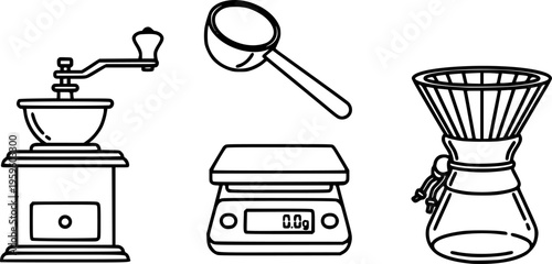Coffee preparation tools: grinder, scoop, scale, filter icons
