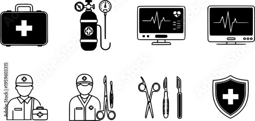 Medical equipment icons: first aid kit, oxygen tank, heart monitor, paramedic, tools, health shield

