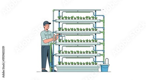 A man in a cap is tending to a multi-tiered hydroponic farming system with small green plants and a blue bucket on a white background.