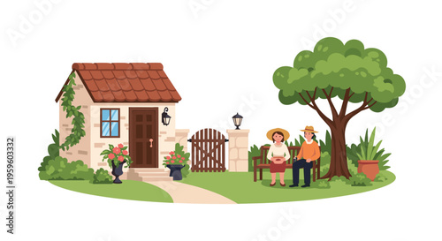 Two people are sitting on a wooden bench under a large tree next to a small house with a red roof and a garden path.