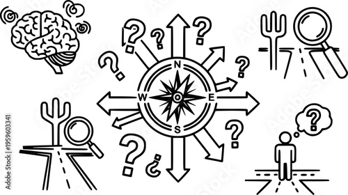 Compass, confusion, direction icons – navigation and decision-making symbols
