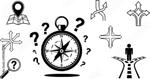 Compass, confusion, direction icons – navigation and decision-making symbols
