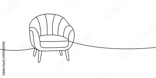 Cozy rounded armchair in minimal line art. Modern single-seater furniture with vertical upholstery seams