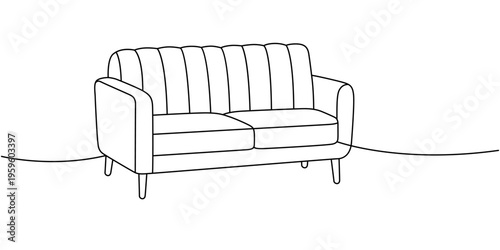Modern two-seater sofa in clean line drawing. Minimalist couch with soft cushions and vertical stitching