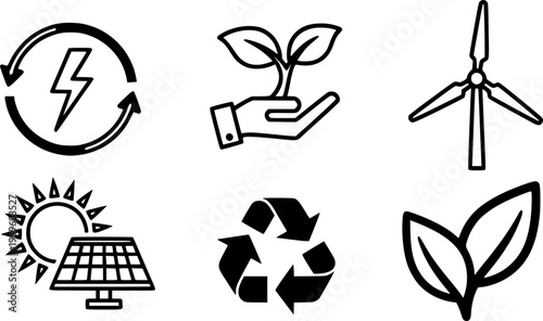 Eco symbols: energy, sustainability, wind, solar, recycling, nature icons
