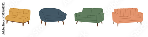 Vector loveseat and sofa collection in pastel tones. Modern and cozy interior furniture designs for home decor illustrations.