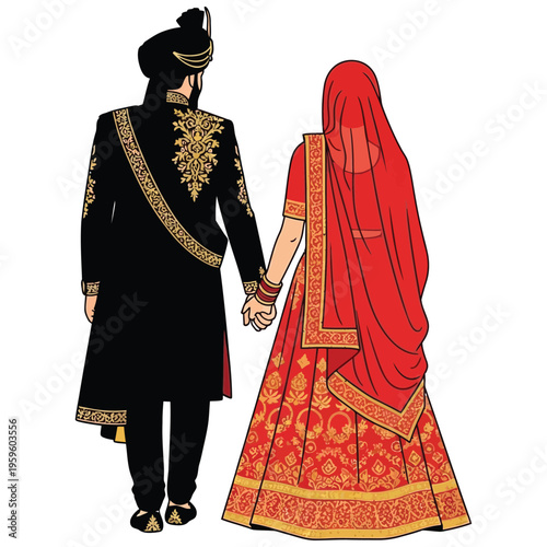 Indian wedding couple holding hands walking away, traditional indian bride groom ethnic attire
