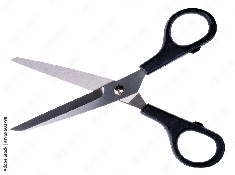 Fototapeta premium Professional sharp metal scissors with black plastic handles, blades open and ready for precise cutting, an essential tool isolated for various tasks