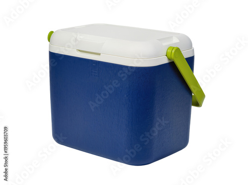 Quadro su tela Portable blue and white cooler box with a vibrant green handle, perfect for keep
