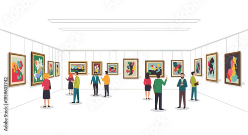 Stylized people observe framed abstract paintings with muted colors on white walls in a spacious art gallery.
