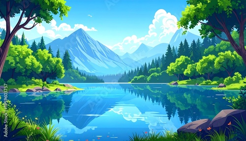 Serene Mountain Lake Landscape with Lush Greenery and Clear Blue Sky.