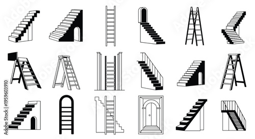 Collection of minimalist black and white icons representing various types of stairs, ladders, and architectural entrance elements.