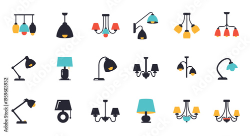 Assortment of modern flat icons showing different styles of lamps, chandeliers, and lighting fixtures for home interior design.