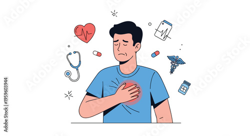 A man in a blue shirt holds his chest in pain, surrounded by various medical icons on a light grey background.