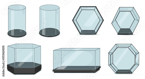 Collection of empty glass display cases and museum showcases in different geometric shapes and sizes for exhibition purposes.
