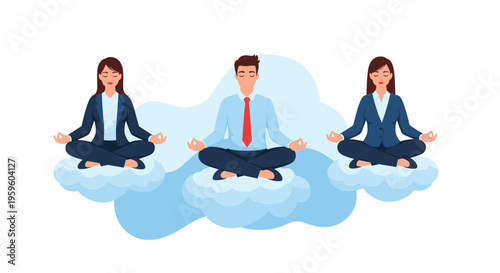 Group of business professionals, a man and two women, finding inner peace while meditating on clouds in a serene blue environment.