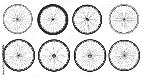 Set of eight different bicycle wheel designs with various spoke patterns and tire thicknesses in a clean black and white style.