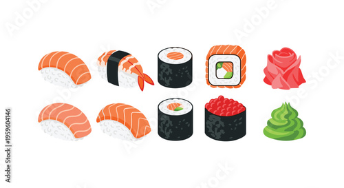 A diverse assortment of sushi, including nigiri, maki, and gunkan, is arranged with pickled ginger and wasabi against a white background.