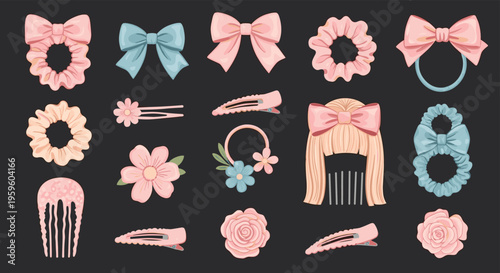 Comprehensive set of beautiful hair accessories including pink and blue bows, scrunchies, clips, and combs on a dark background.