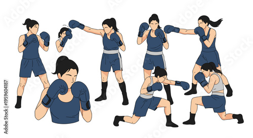 Collection of female boxing characters in various dynamic stances and punching poses wearing blue athletic gear and boxing gloves.