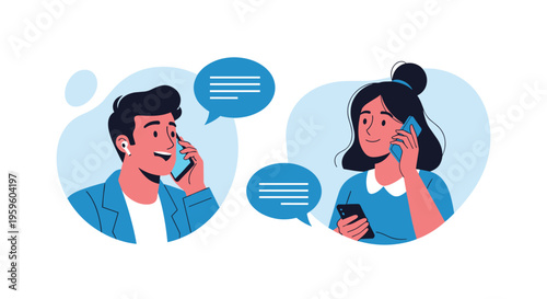 Flat style illustration of a man and a woman engaged in a friendly conversation over their mobile phones with text speech bubbles.