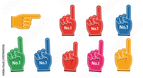 Assortment of colorful foam fingers with number one text and a pointing hand icon used by sports fans to show team support.