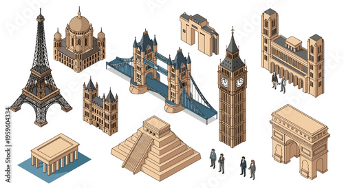 Isometric illustrations of famous global landmarks like the Eiffel Tower, Big Ben, Tower Bridge, and an ancient Aztec temple.
