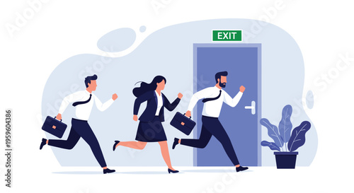 Dynamic illustration of business professionals in suits running towards an exit door representing a rush or emergency situation.