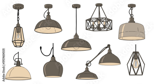 Collection of industrial and modern hanging pendant lamps and chandeliers in various shapes and styles for interior design.