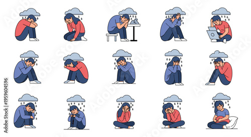 Conceptual illustrations of people experiencing sadness and depression depicted as sitting alone under small rain clouds.