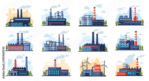 Illustration set of diverse industrial factories and power plant buildings with smoking chimneys and energy facilities.