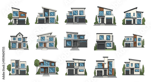 Architectural set of diverse modern house designs with minimalist facades, large windows, and contemporary residential styles.
