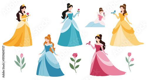 Collection of beautiful princess characters in various elegant ball gowns and tiaras accompanied by roses and birds.