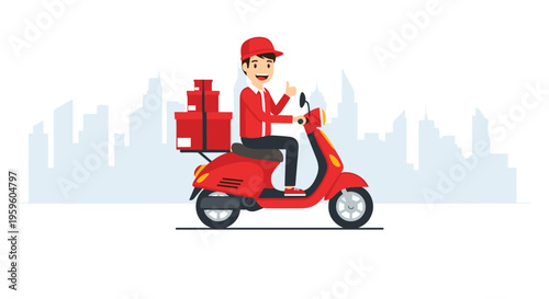Cheerful delivery man in a red uniform riding a red motor scooter with packages against a city skyline background.