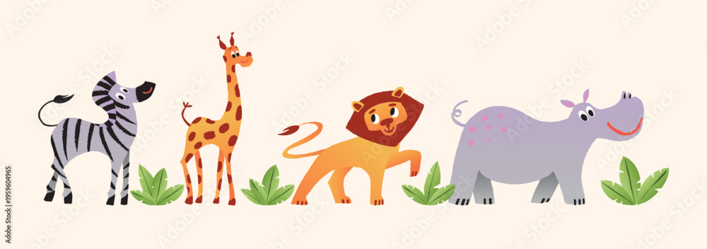 Obraz premium Playful Safari Animals group with Zebra, Giraffe, Lion and Hippo, smiling among Leaf plants. Cute childish flat vector illustration, isolated cartoon characters for children