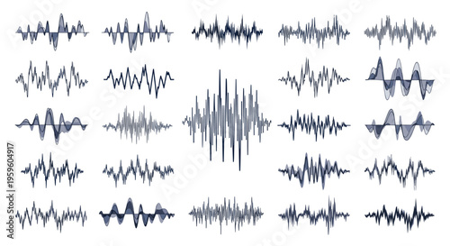 Diverse collection of sound wave, audio frequency, and voice recognition icons in different styles and complexities.
