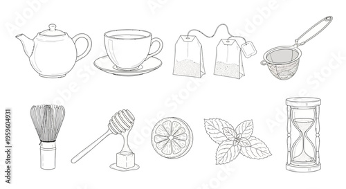 Tea and sweetener kitchen utensils collection.
