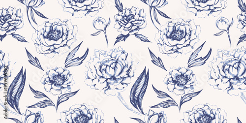 Seamless floral pattern with hand drawn peony flowers and leaves in blue engraving style on a light background. Elegant botanical design ideal for textile prints, wallpaper, wrapping paper, packaging