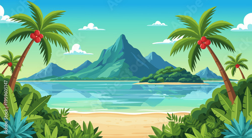 Tropical Island Paradise Vector Illustration with Palm Trees and Ocean Views