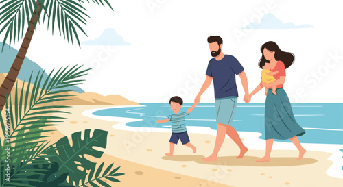 Happy family with two young children walking hand-in-hand along a beautiful tropical beach at sunset.