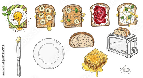 Variety of toast with toppings and toaster.