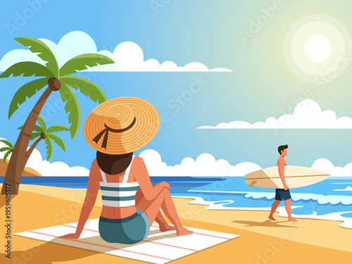 summery beach scene illustration party vacation travel