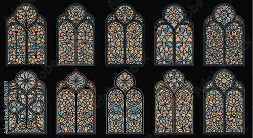 Set of ornate stained glass window designs featuring intricate floral patterns and arched frames in various colors for architecture.