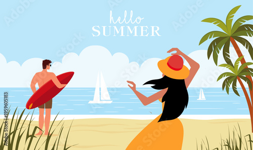 summery beach scene illustration party vacation travel