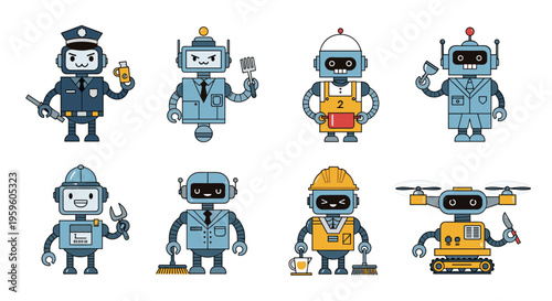 Collection of cute robot characters representing different professions such as police officer, chef, construction worker, and cleaning assistant.