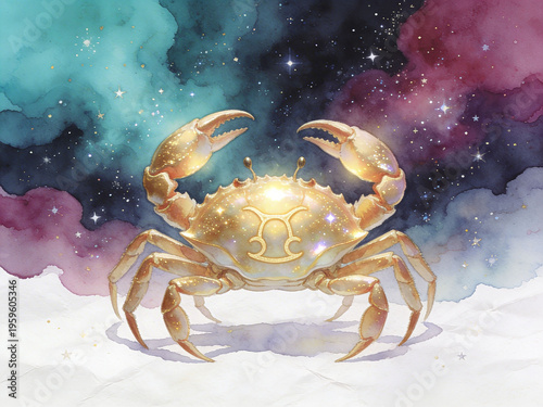 Radiant golden Cancer zodiac crab illustration with glowing zodiac symbol on white base amid teal-purple starry nebula clouds. For astrology posters, horoscopes, calendars, tarot. 