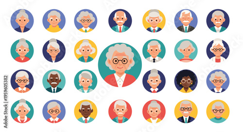 Large collection of diverse elderly male and female avatars with various hairstyles, skin tones, and clothing in colorful circular frames.